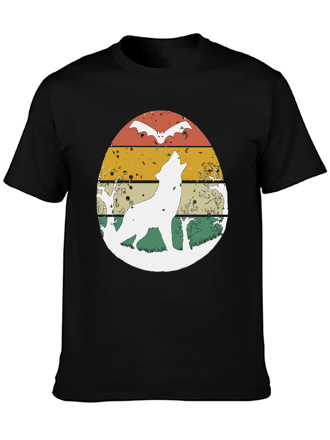 Wolf & Bat Retro Graphic Tee - Black Cotton Blend