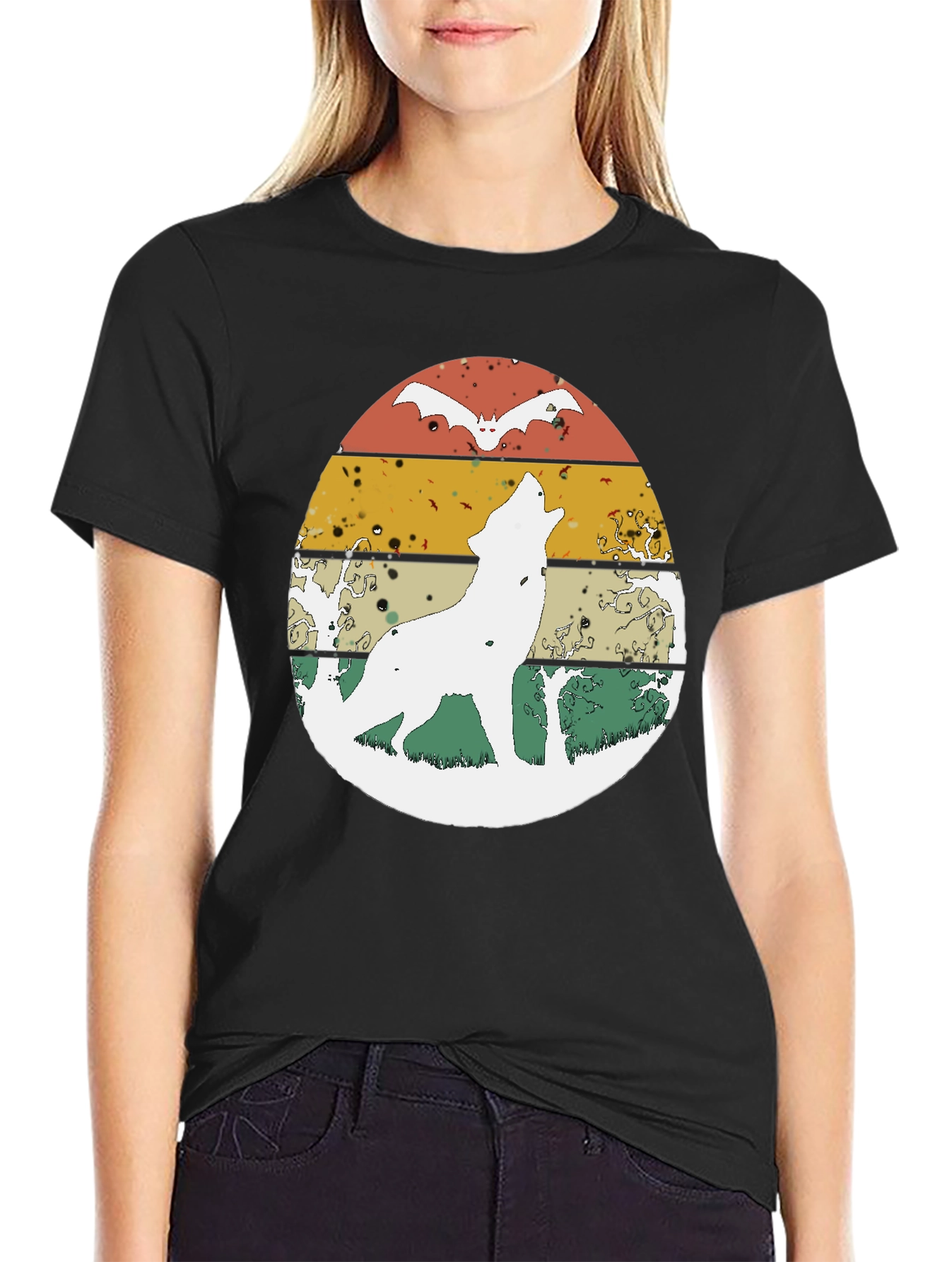 Wolf & Bat Retro Graphic Tee - Black Cotton Blend