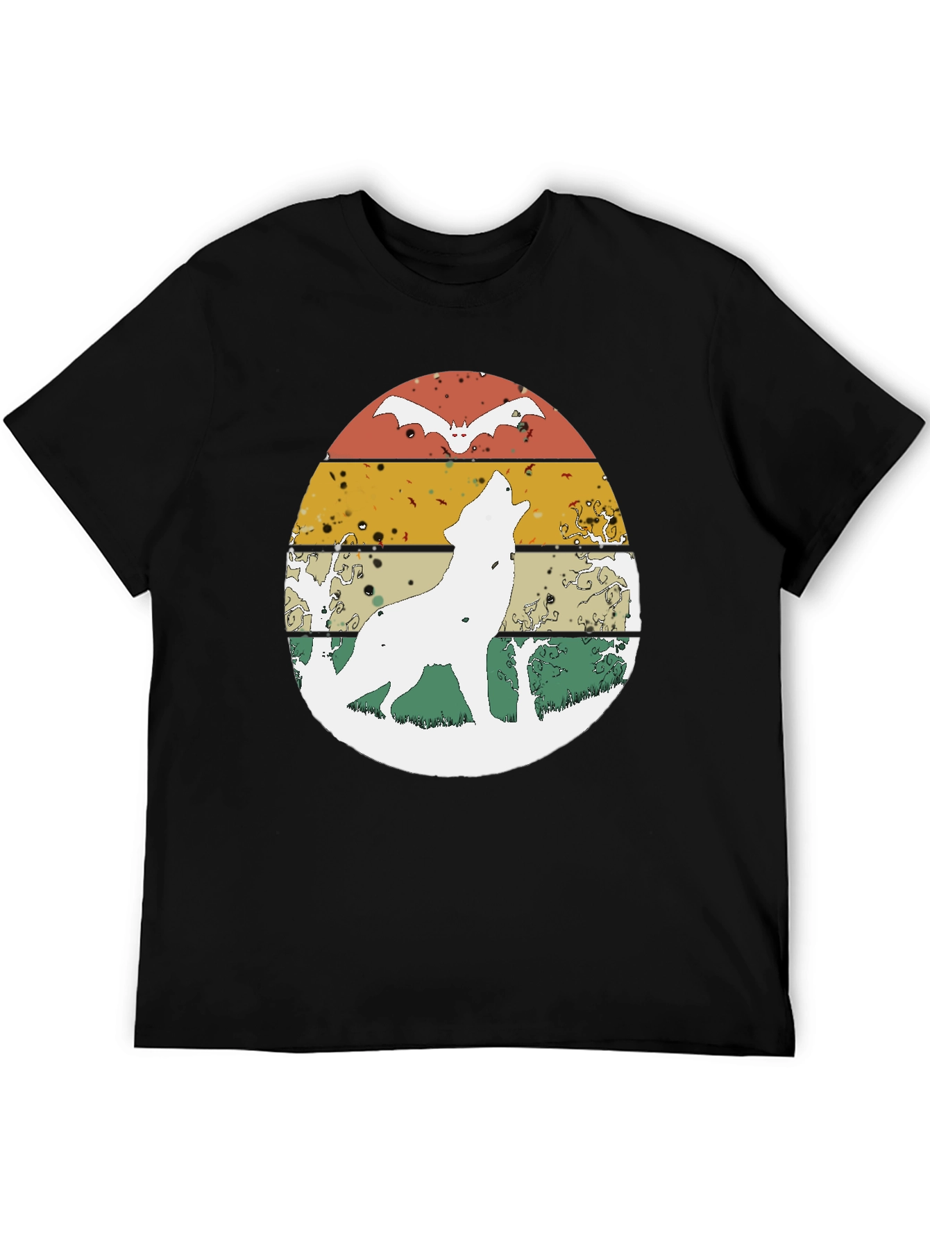 Wolf & Bat Retro Graphic Tee - Black Cotton Blend