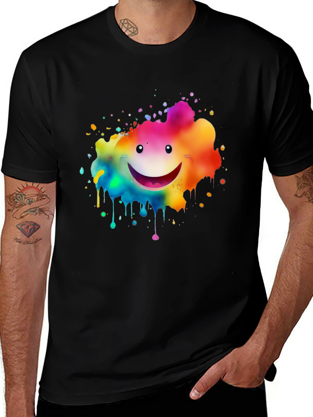 Rainbow Smiley Face Splatter Print Black T-Shirt
