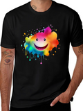 Rainbow Smiley Face Splatter Print Black T-Shirt