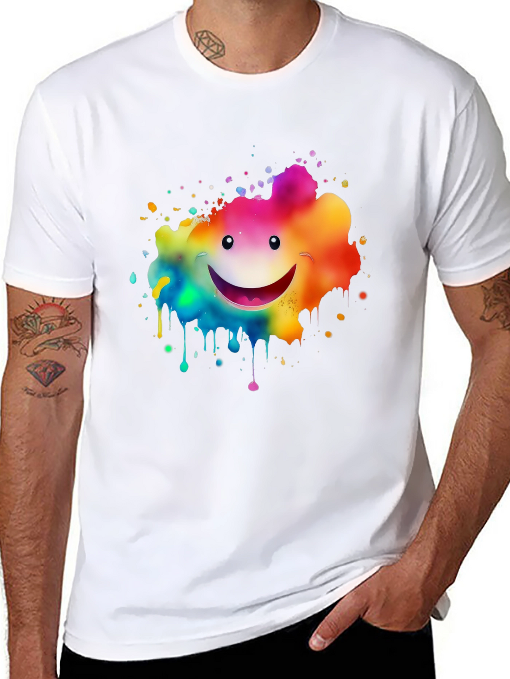 Rainbow Smiley Face Splatter Print Black T-Shirt