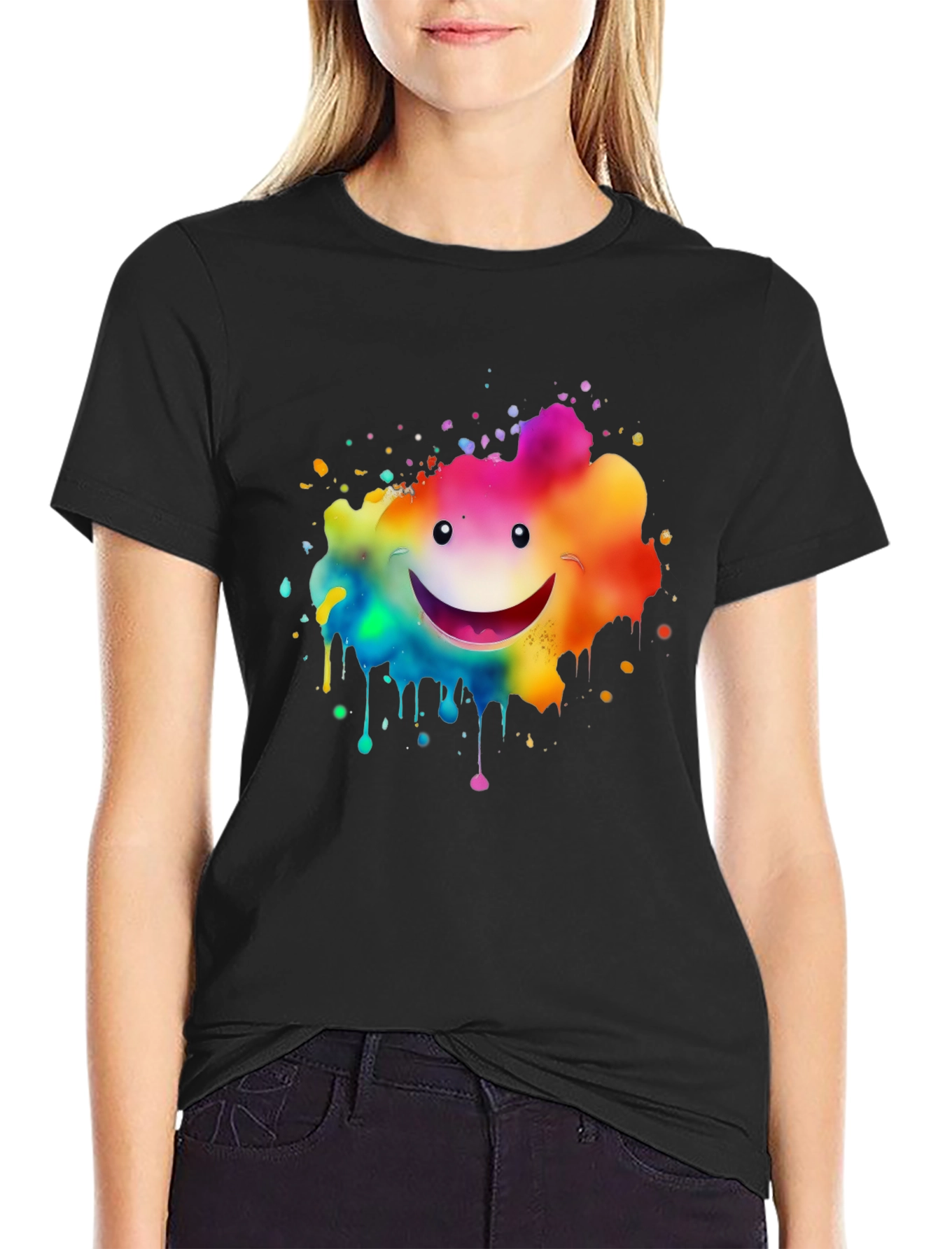 Rainbow Smiley Face Splatter Print Black T-Shirt