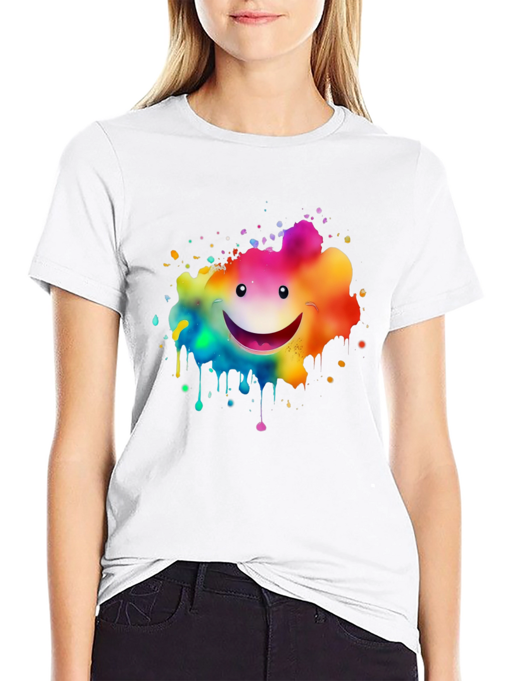 Rainbow Smiley Face Splatter Print Black T-Shirt