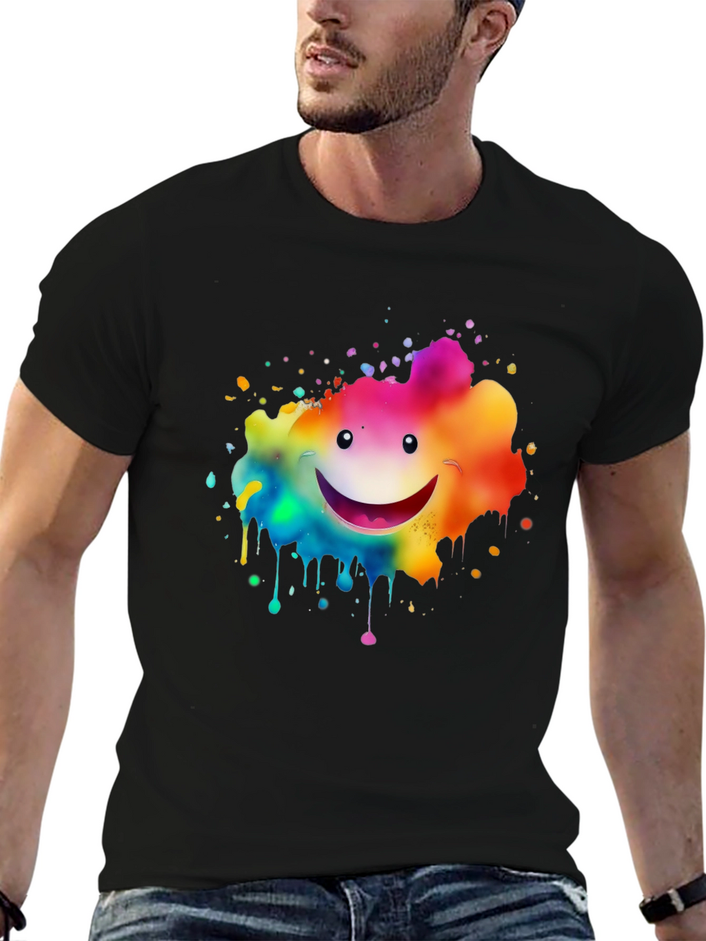 Rainbow Smiley Face Splatter Print Black T-Shirt