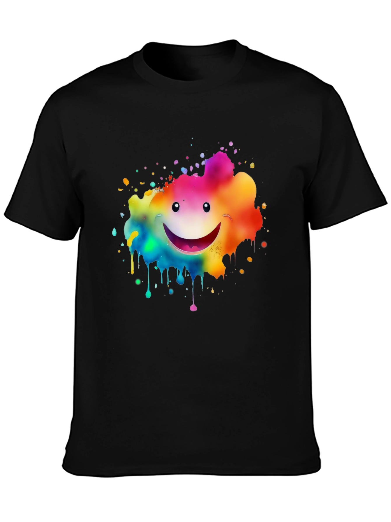 Rainbow Smiley Face Splatter Print Black T-Shirt