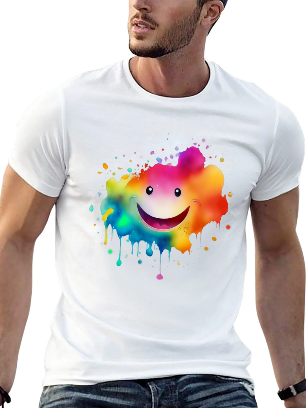 Rainbow Smiley Face Splatter Print Black T-Shirt