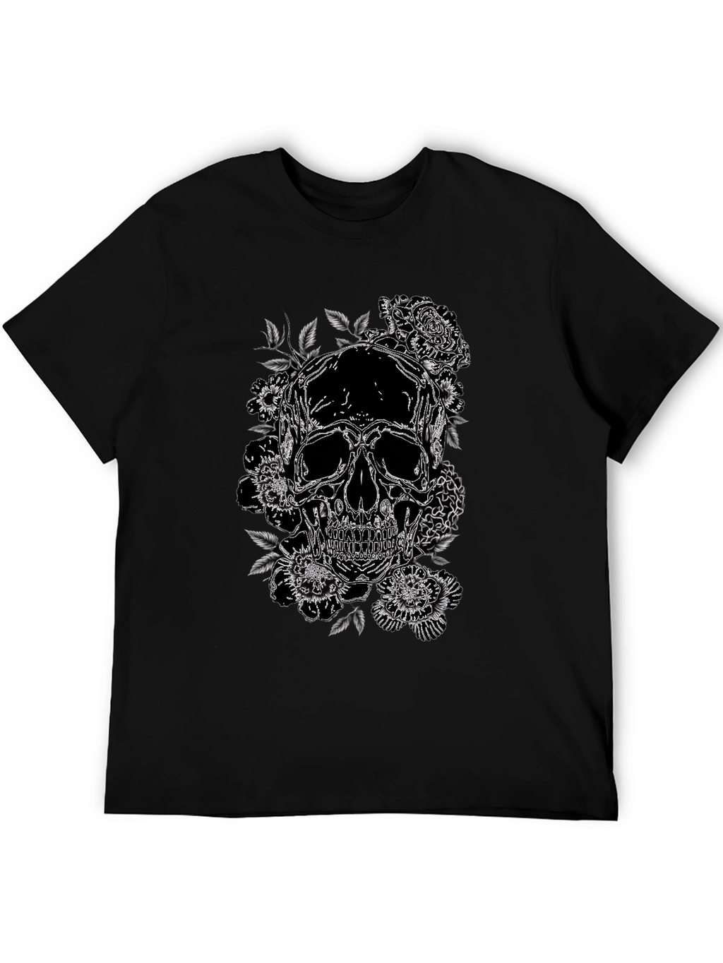Skull & Roses Graphic Print Tee - Black