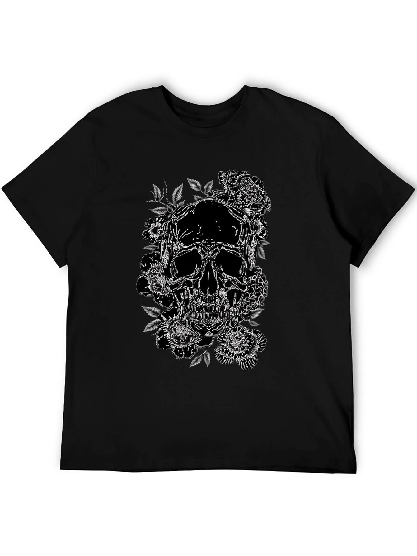 Skull & Roses Graphic Print Tee - Black