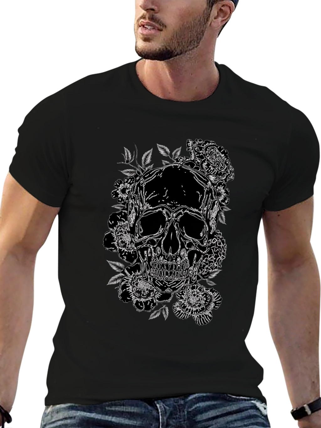 Skull & Roses Graphic Print Tee - Black