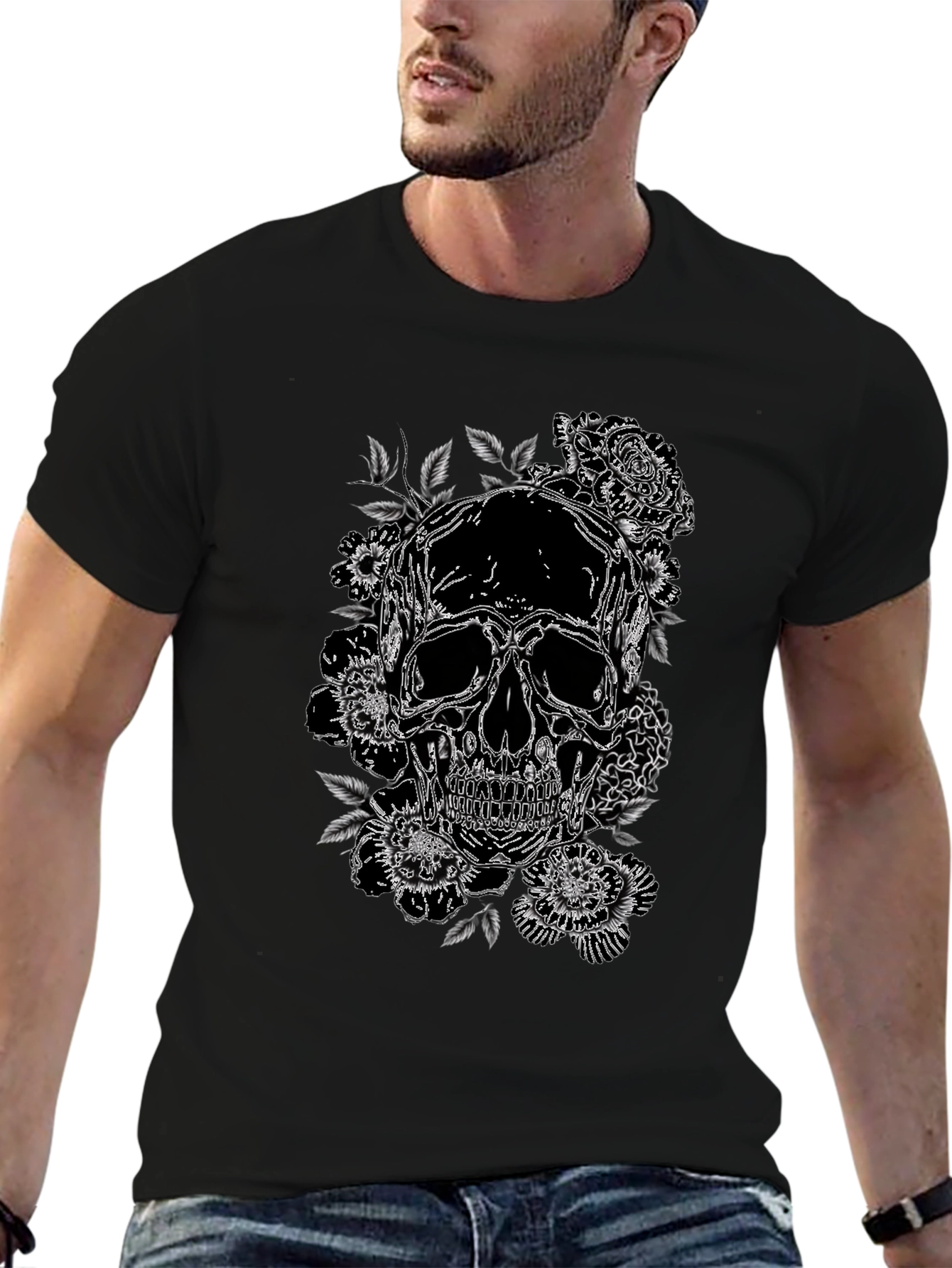 Skull & Roses Graphic Print Tee - Black