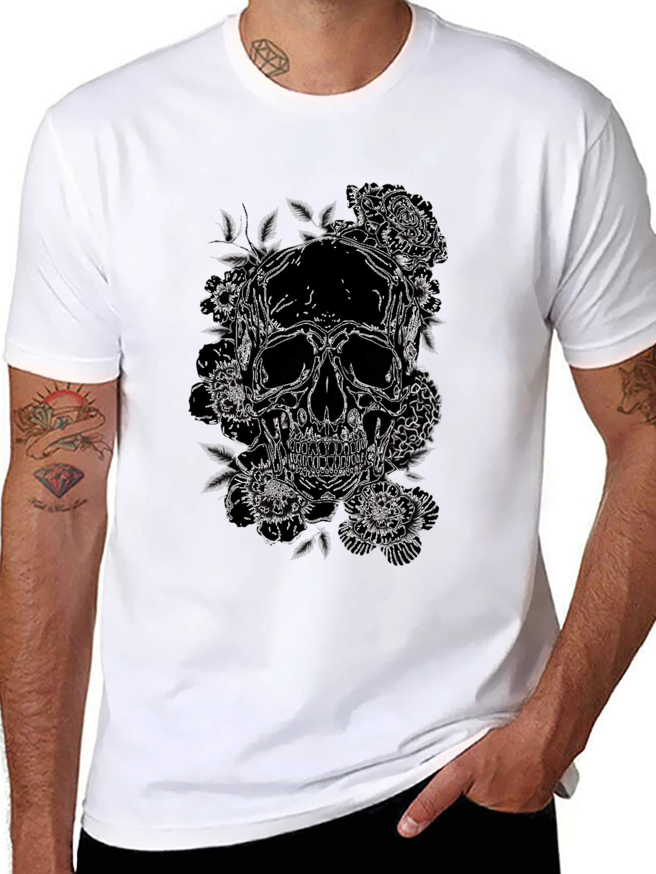 Skull & Roses Graphic Print Tee - Black