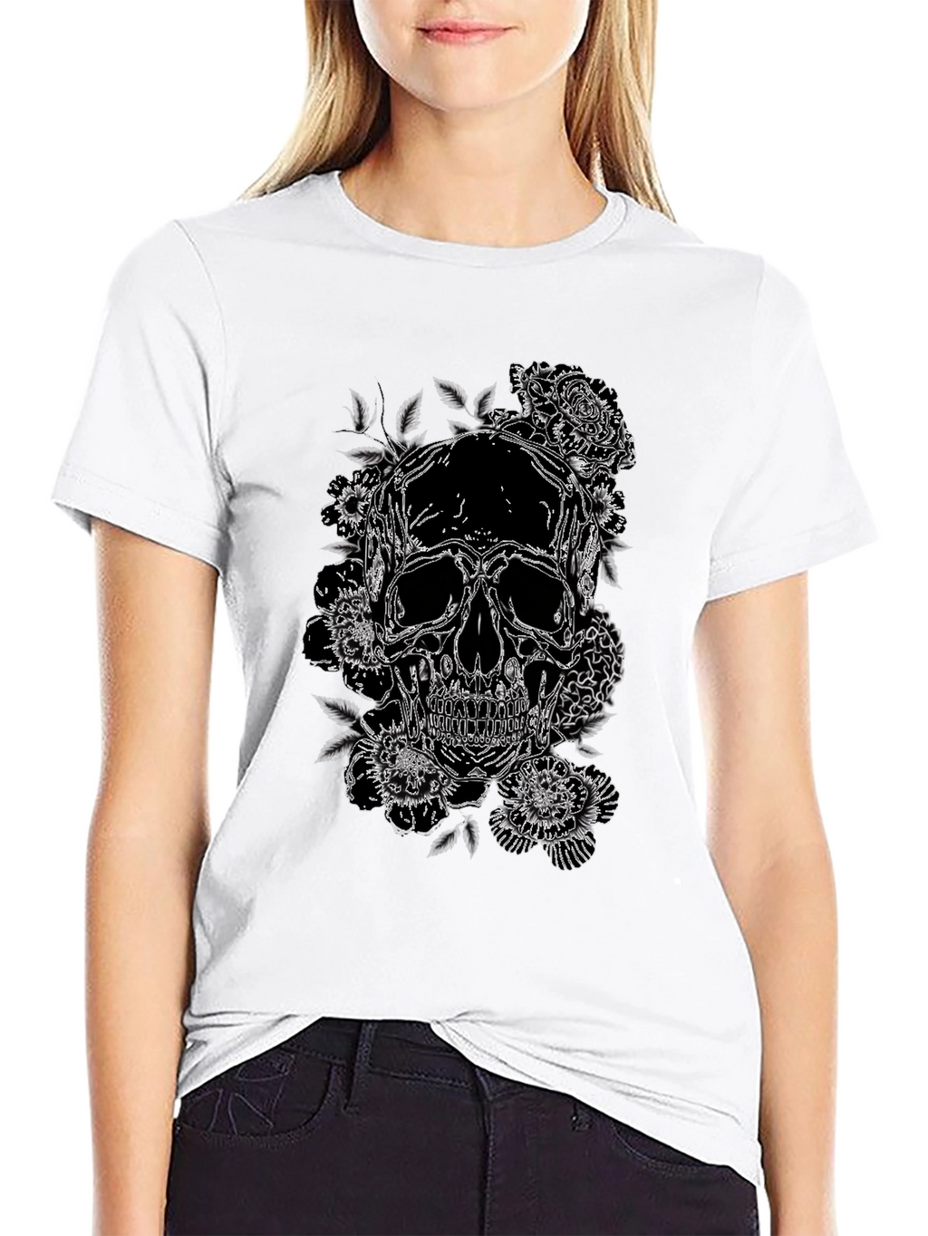 Skull & Roses Graphic Print Tee - Black