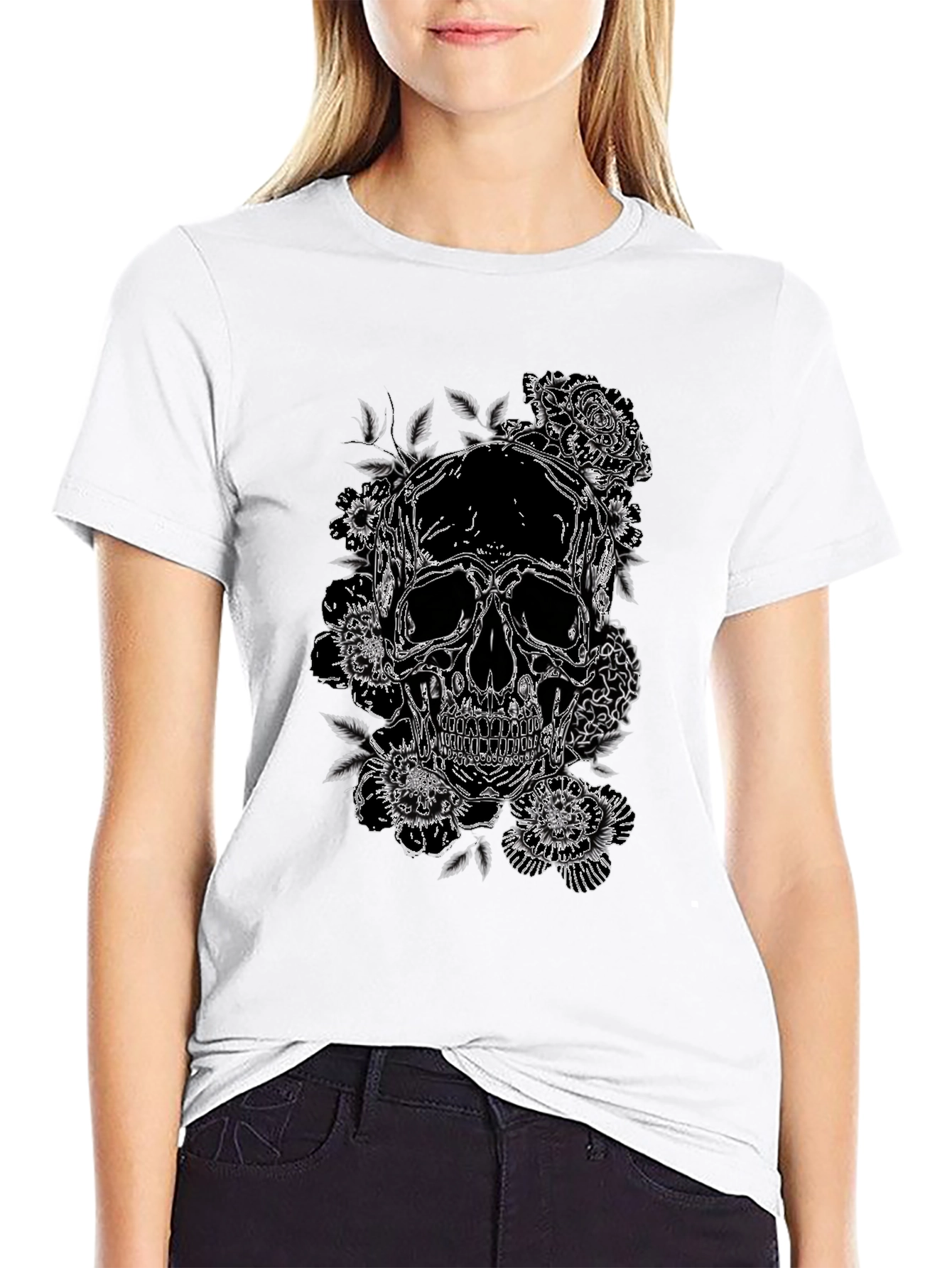 Skull & Roses Graphic Print Tee - Black