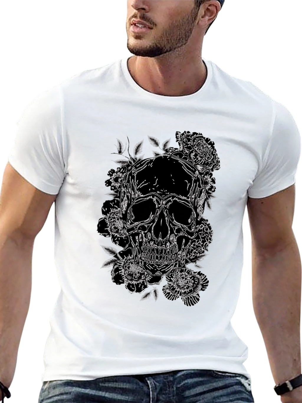 Skull & Roses Graphic Print Tee - Black