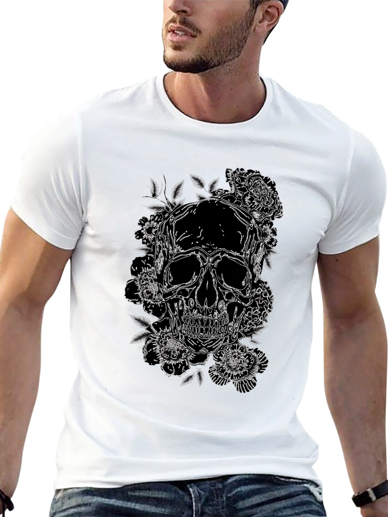 Skull & Roses Graphic Print Tee - Black