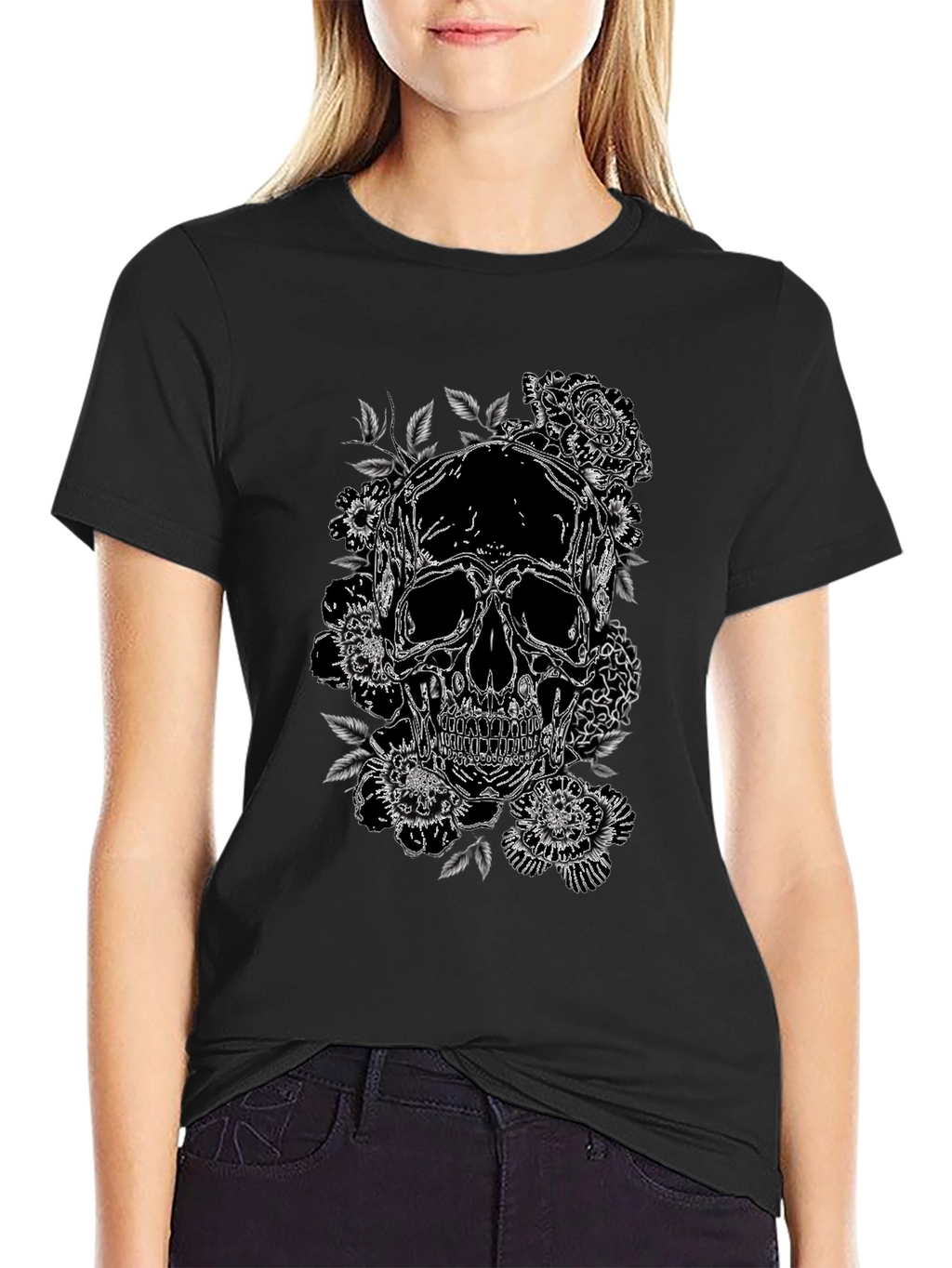 Skull & Roses Graphic Print Tee - Black