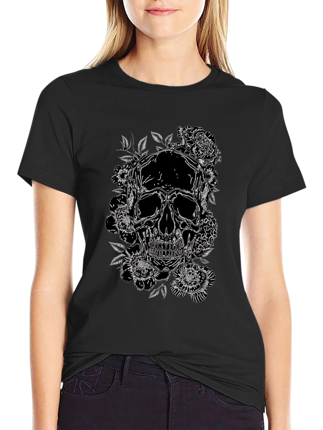 Skull & Roses Graphic Print Tee - Black
