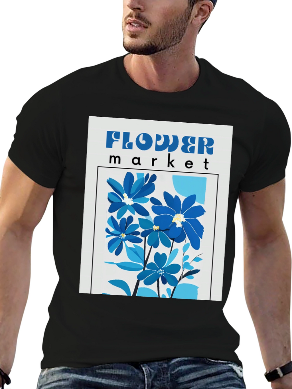 Blue Flower Market Graphic Print T-Shirt