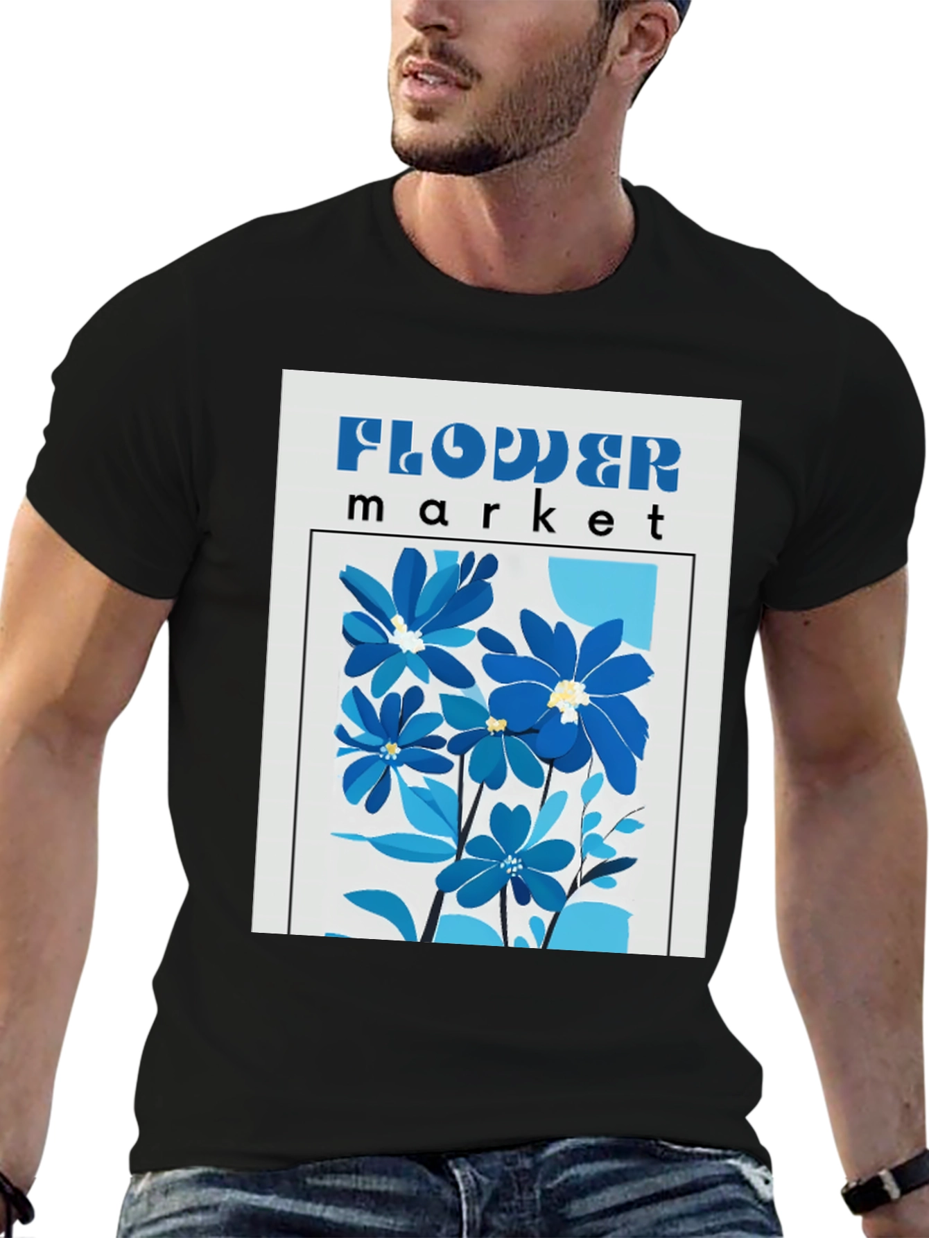 Blue Flower Market Graphic Print T-Shirt