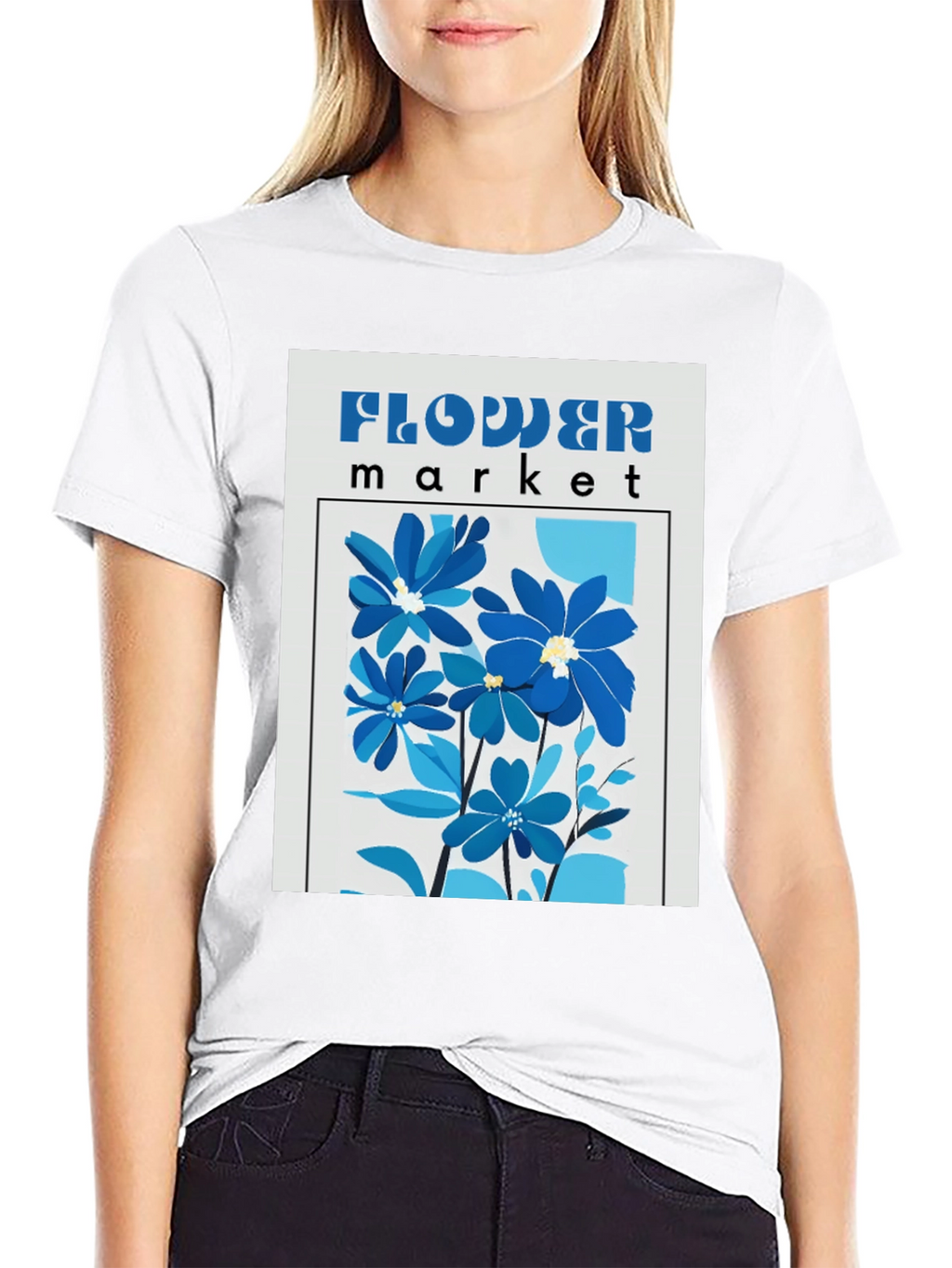 Blue Flower Market Graphic Print T-Shirt