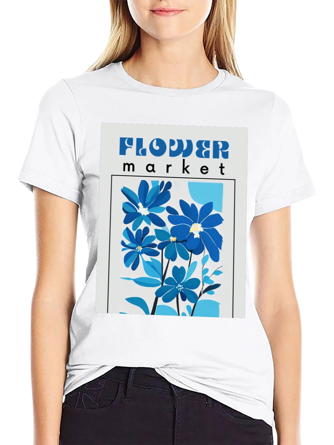 Blue Flower Market Graphic Print T-Shirt