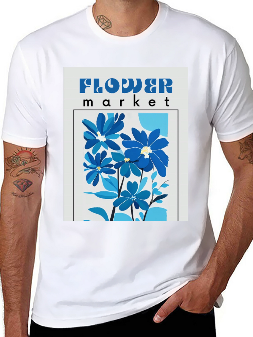 Blue Flower Market Graphic Print T-Shirt