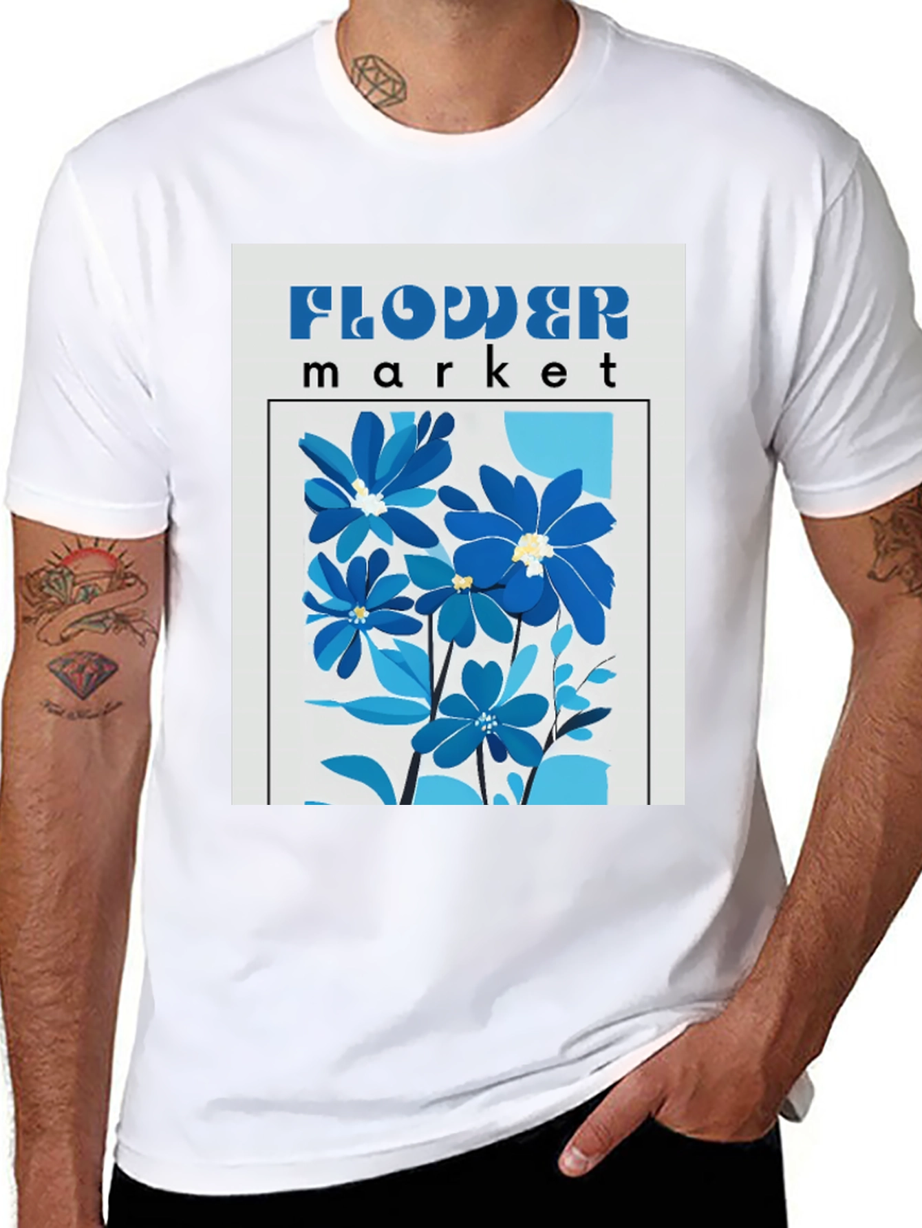 Blue Flower Market Graphic Print T-Shirt