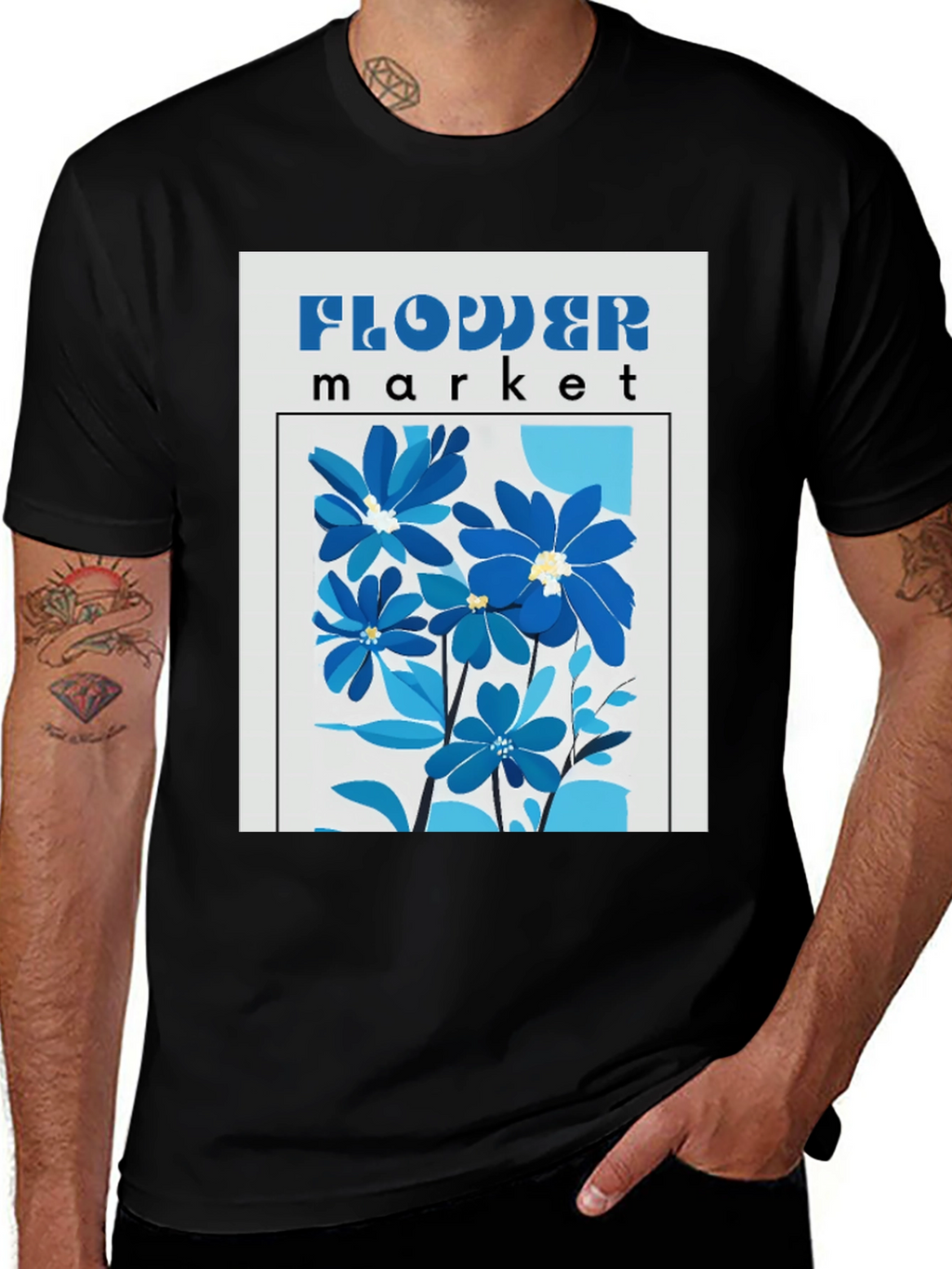 Blue Flower Market Graphic Print T-Shirt