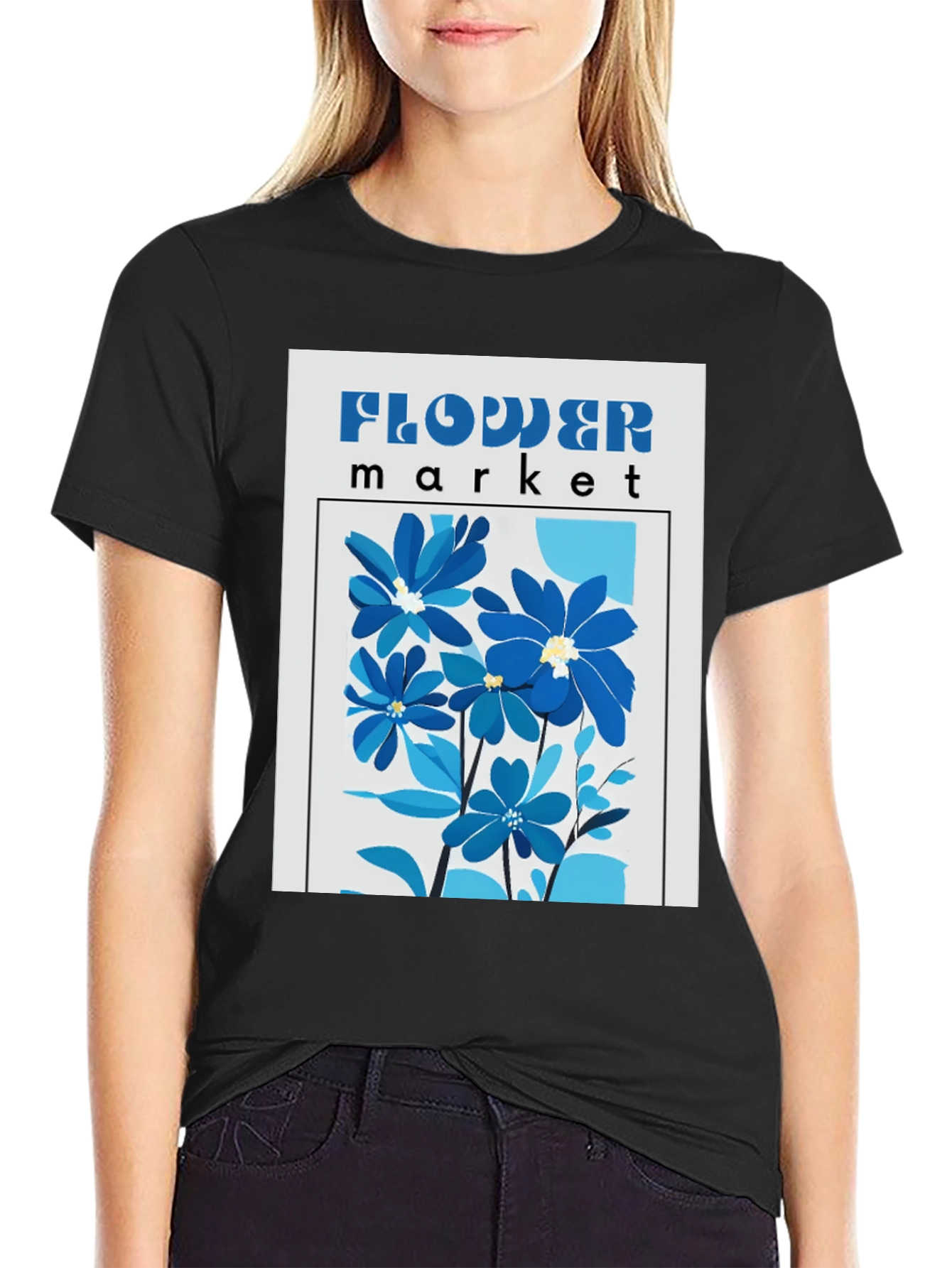 Blue Flower Market Graphic Print T-Shirt