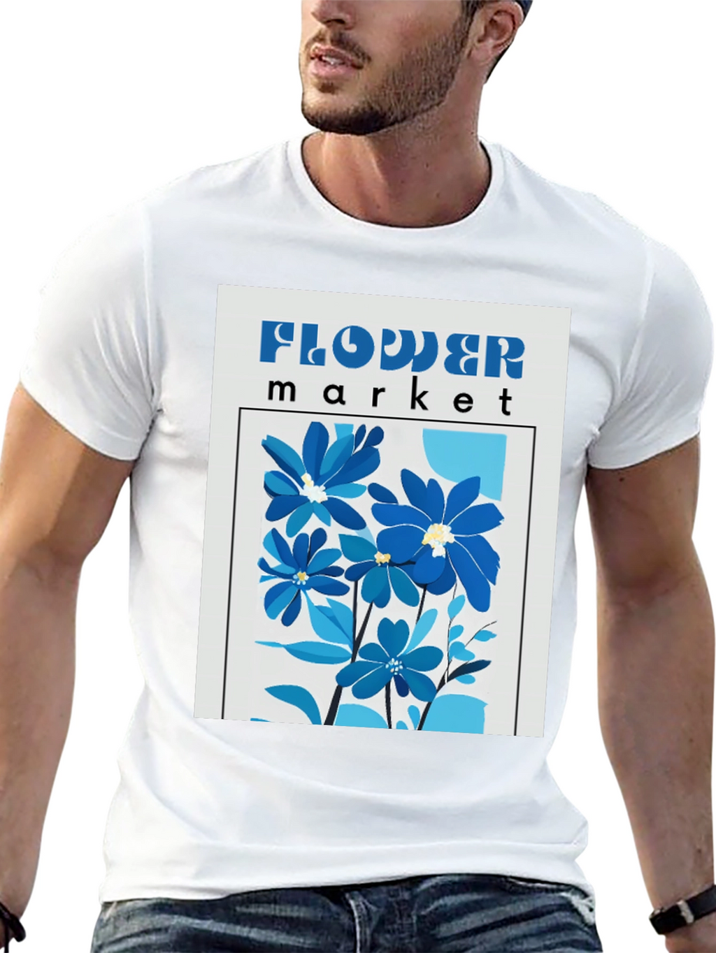 Blue Flower Market Graphic Print T-Shirt