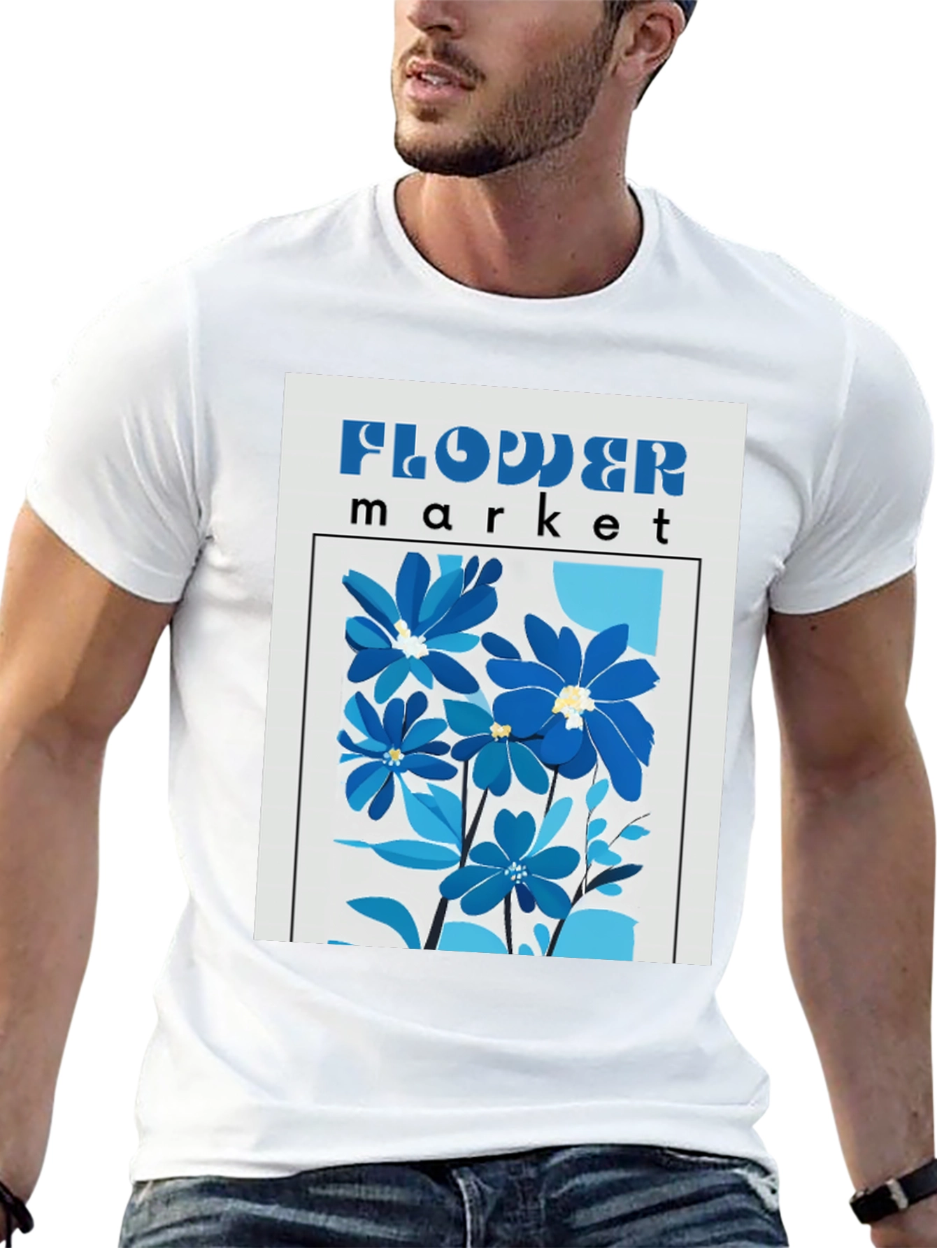 Blue Flower Market Graphic Print T-Shirt