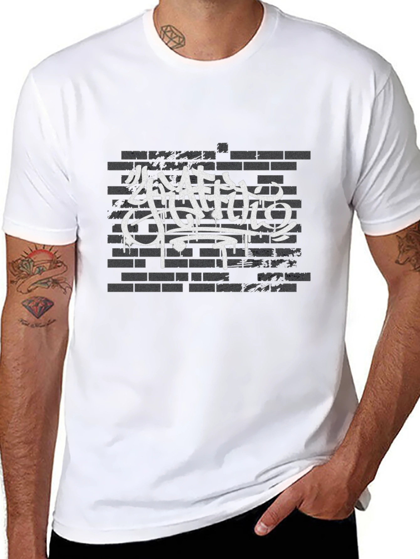 Graffiti Art Brick Wall Print Black T-Shirt