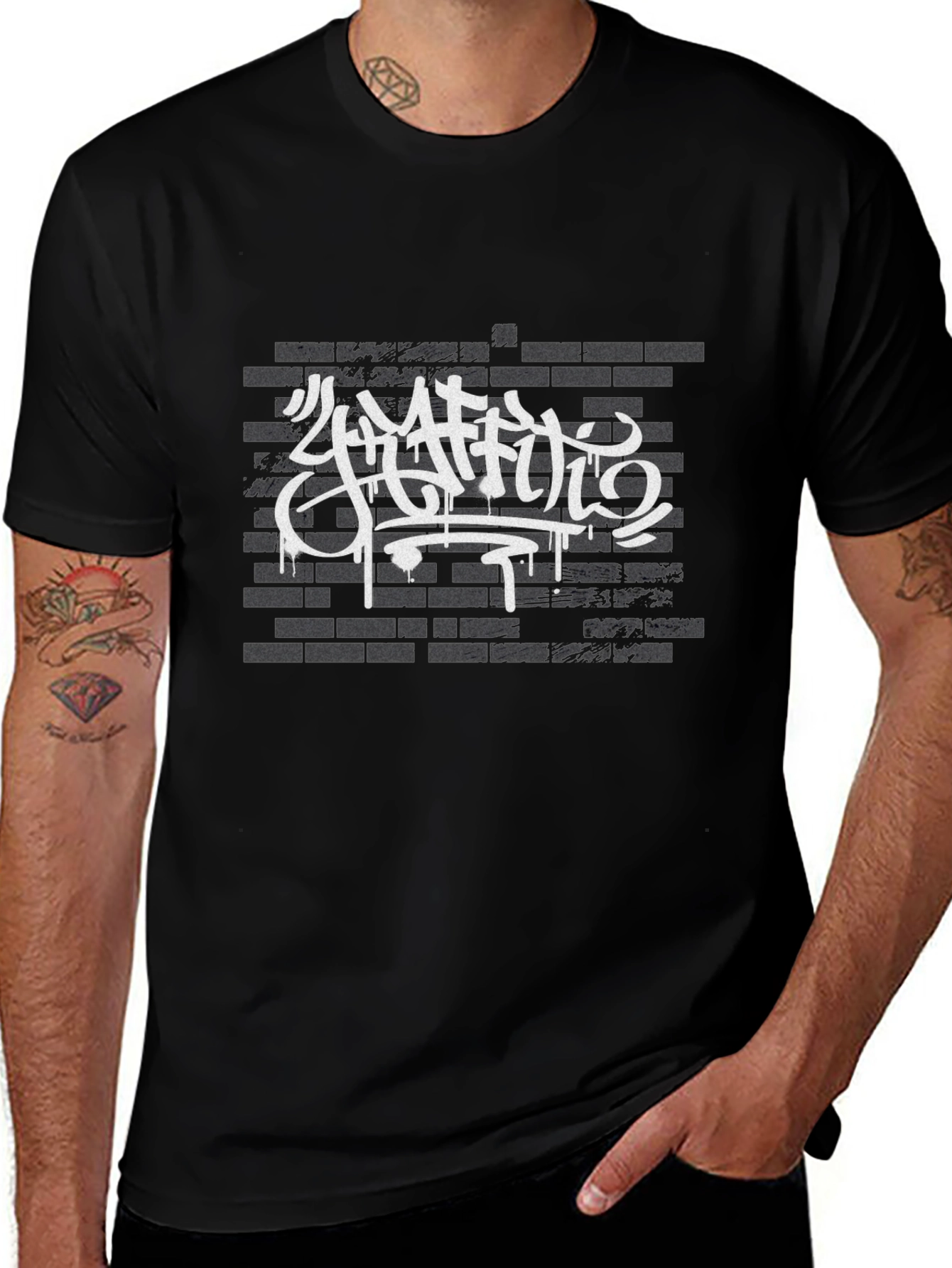 Graffiti Art Brick Wall Print Black T-Shirt
