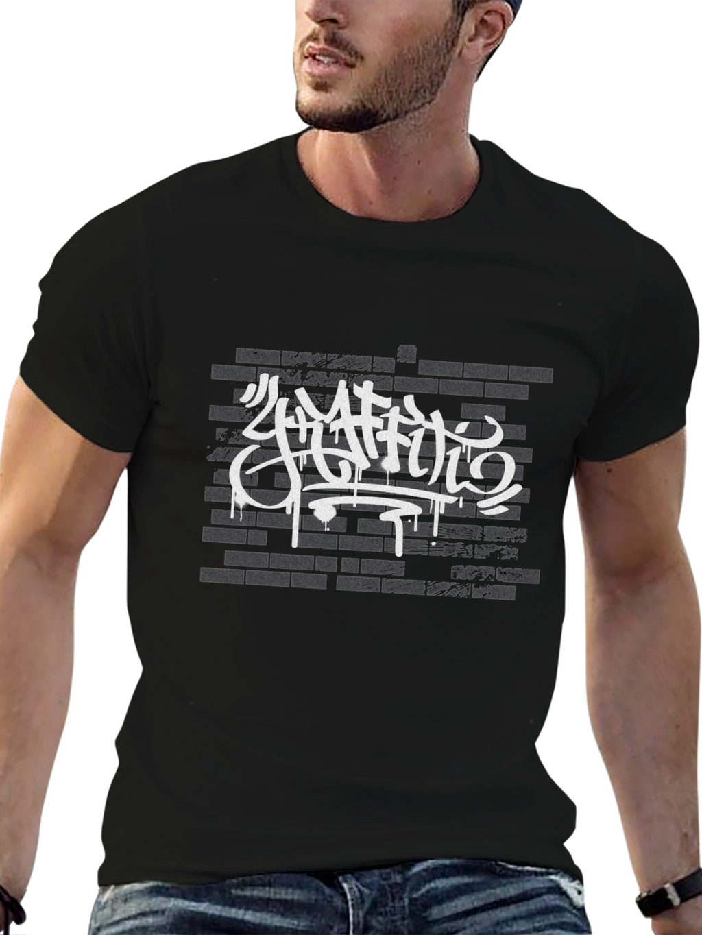Graffiti Art Brick Wall Print Black T-Shirt