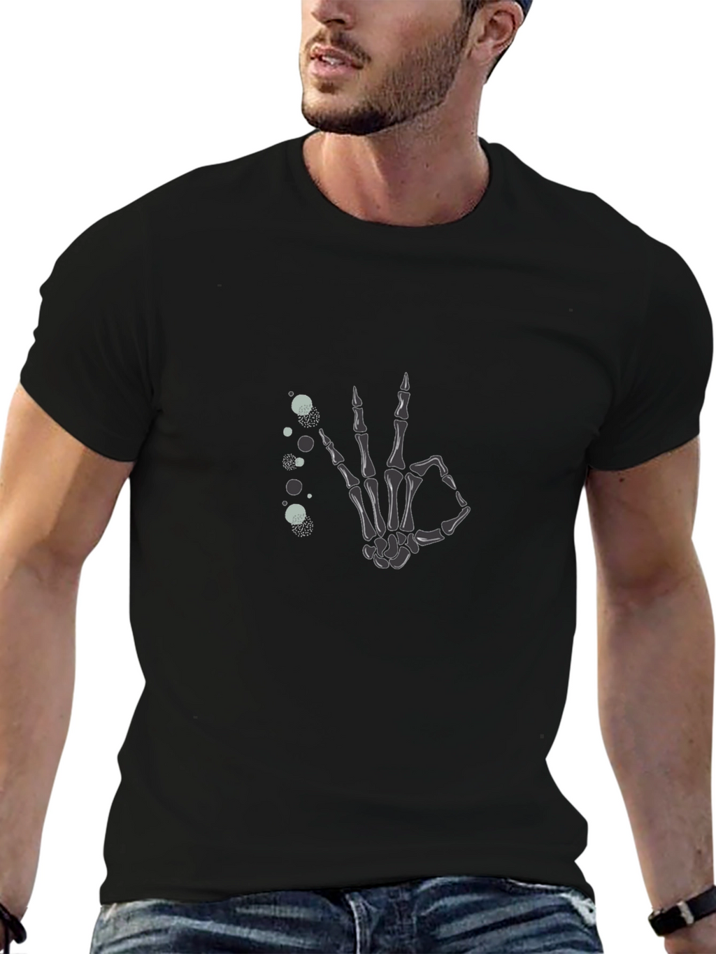 Skeleton Hand OK Gesture Black T-Shirt
