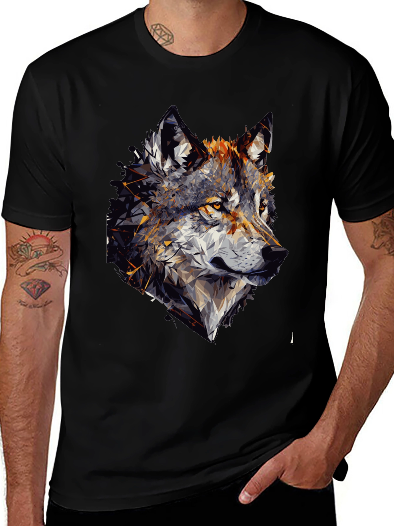 Geometric Wolf Graphic Black Tee Shirt for Men