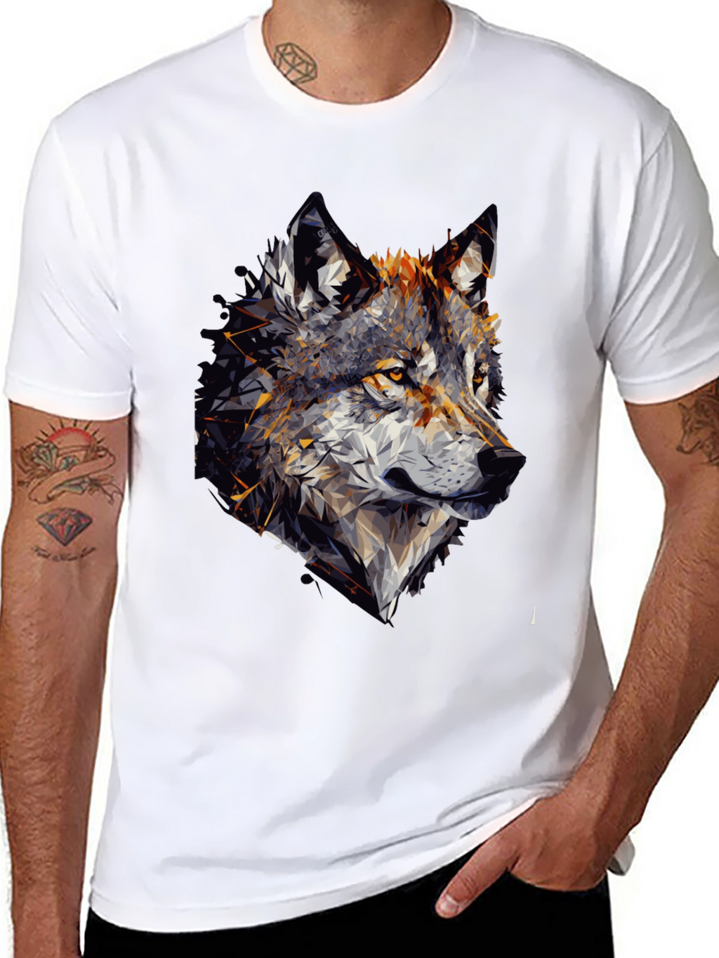 Geometric Wolf Graphic Black Tee Shirt for Men