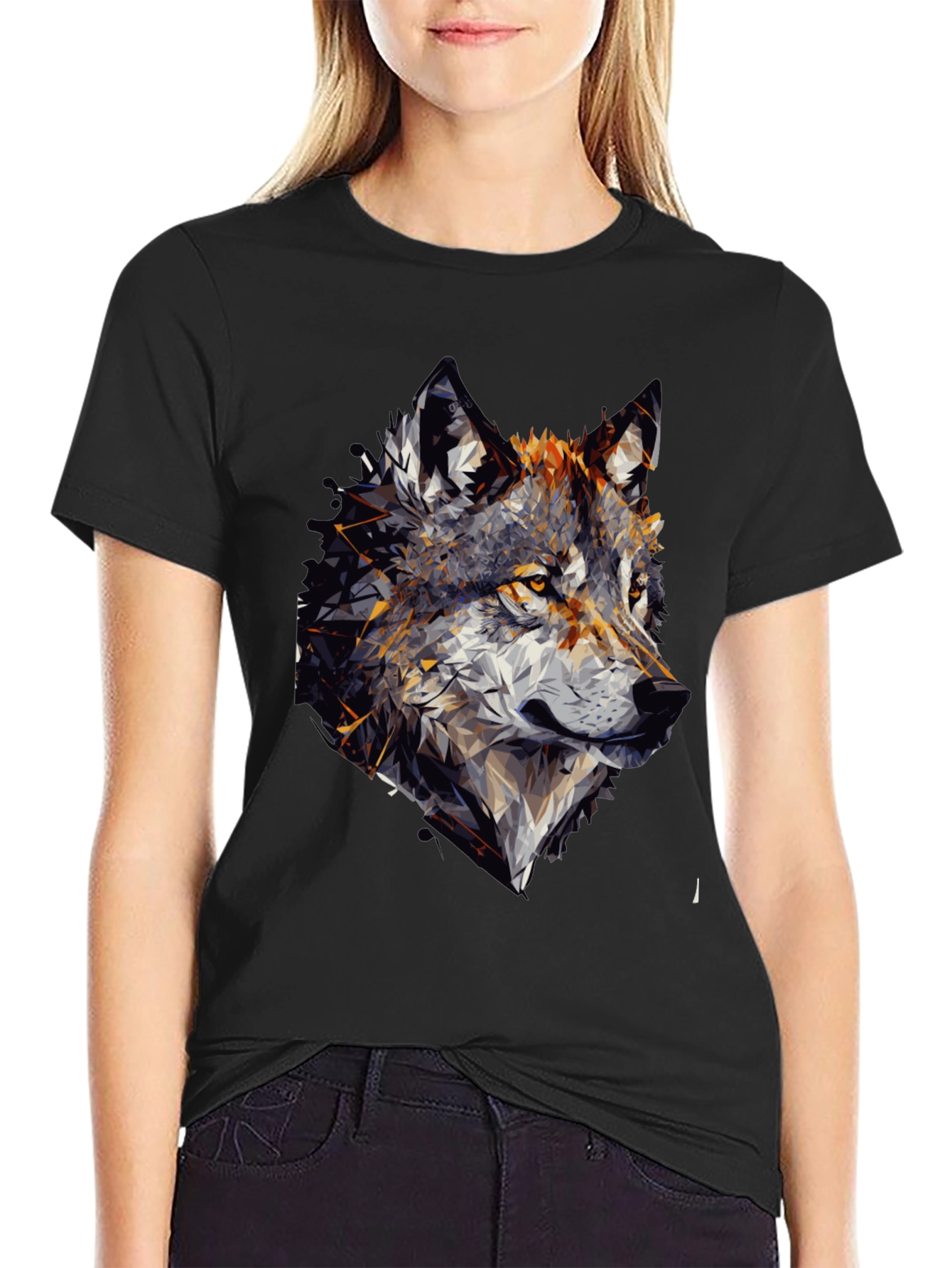 Geometric Wolf Graphic Black Tee Shirt for Men