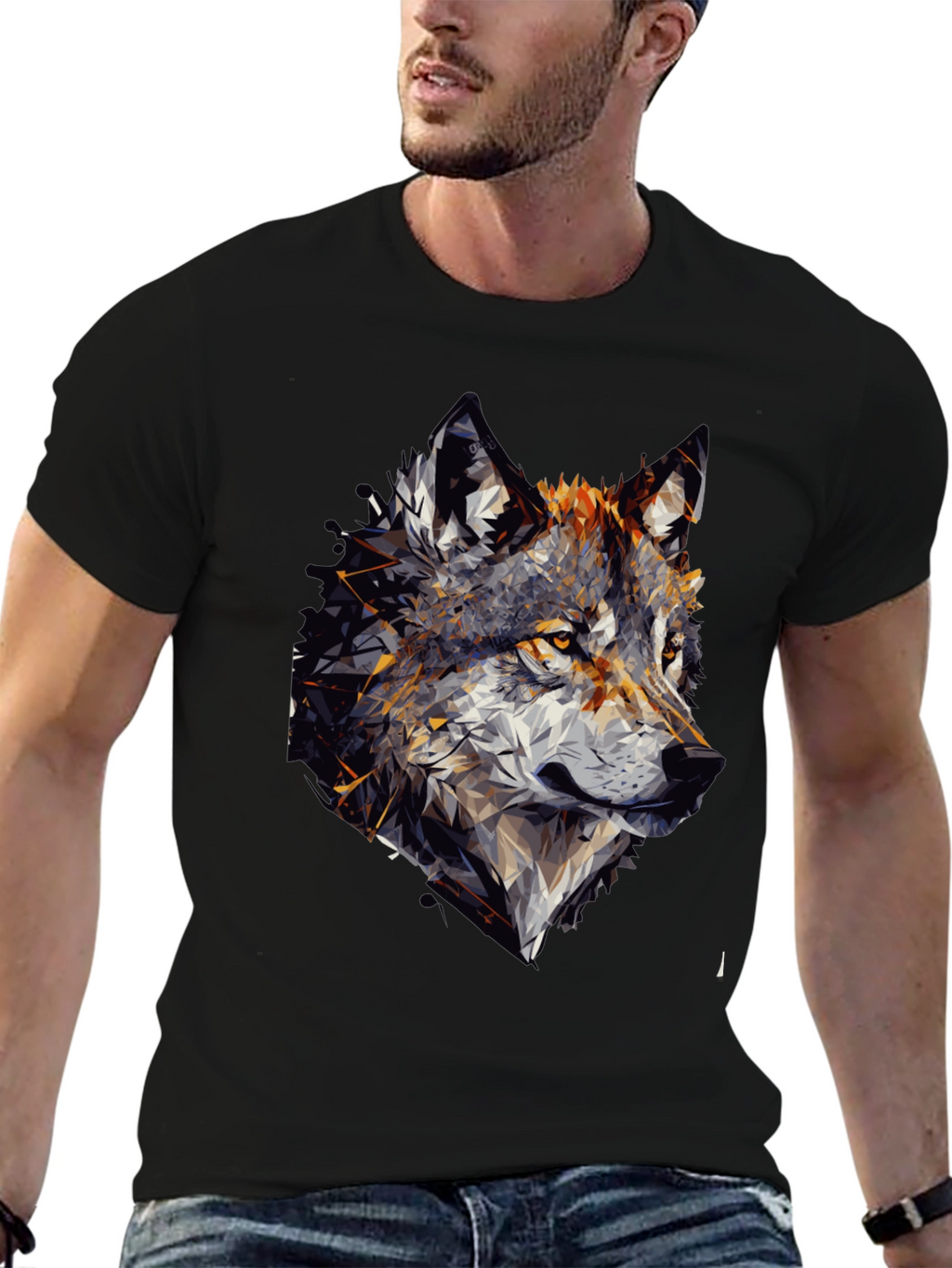 Geometric Wolf Graphic Black Tee Shirt for Men
