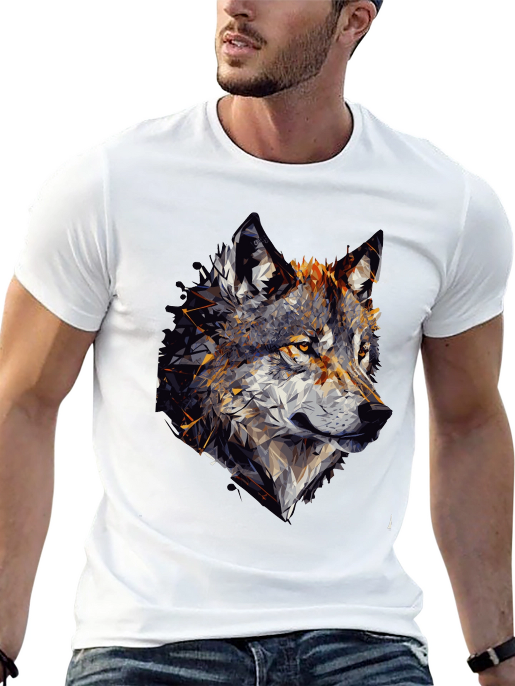 Geometric Wolf Graphic Black Tee Shirt for Men