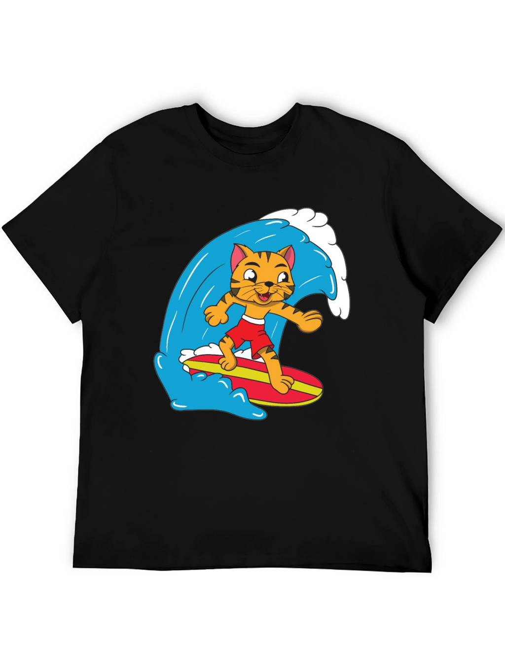 Cool Cat Surfing Graphic Tee - Black Cotton T-Shirt