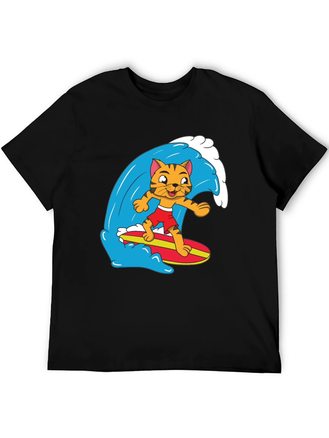 Cool Cat Surfing Graphic Tee - Black Cotton T-Shirt
