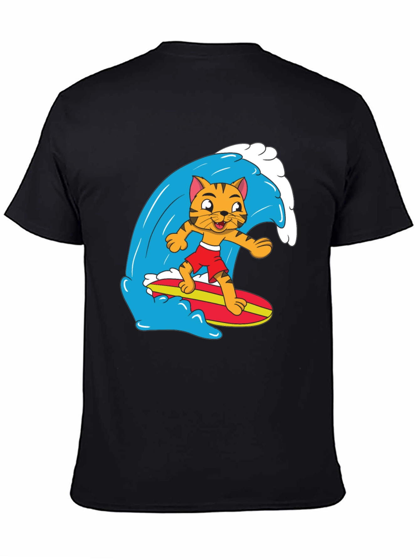 Cool Cat Surfing Graphic Tee - Black Cotton T-Shirt