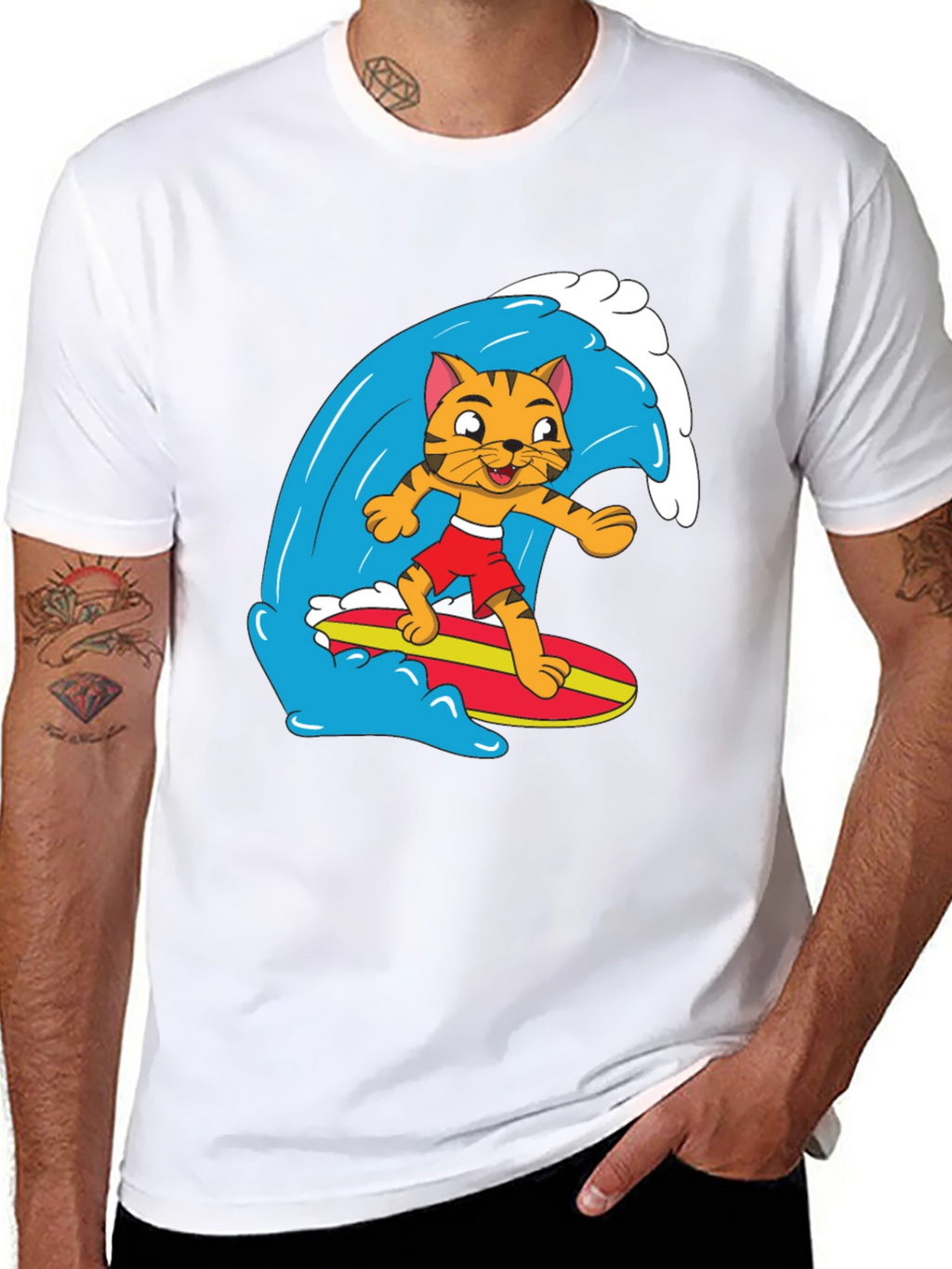 Cool Cat Surfing Graphic Tee - Black Cotton T-Shirt