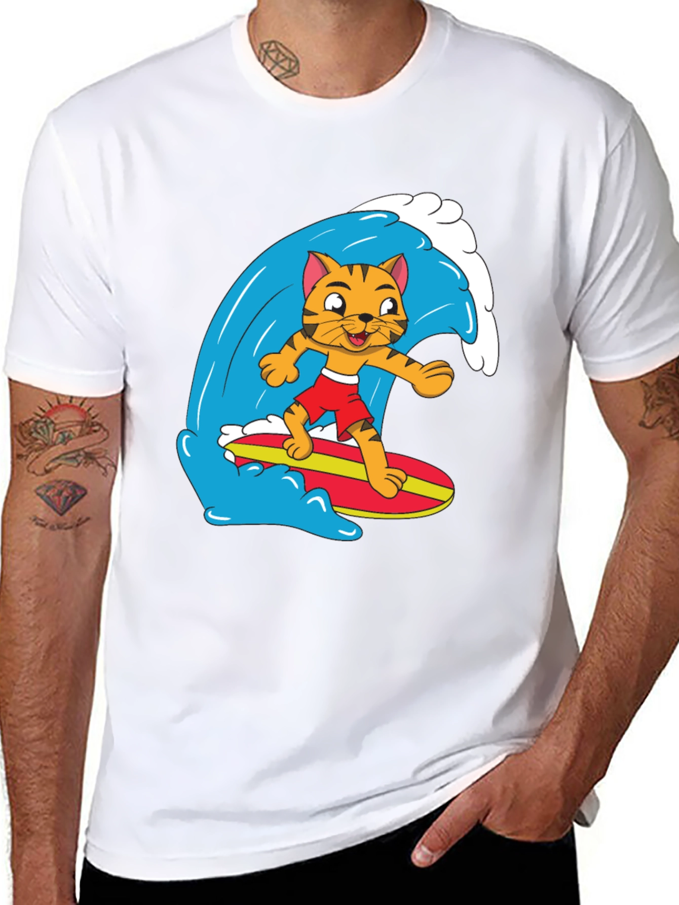 Cool Cat Surfing Graphic Tee - Black Cotton T-Shirt