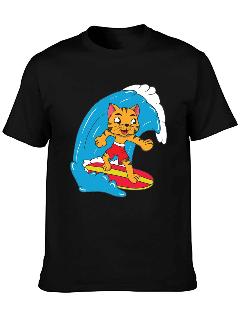 Cool Cat Surfing Graphic Tee - Black Cotton T-Shirt