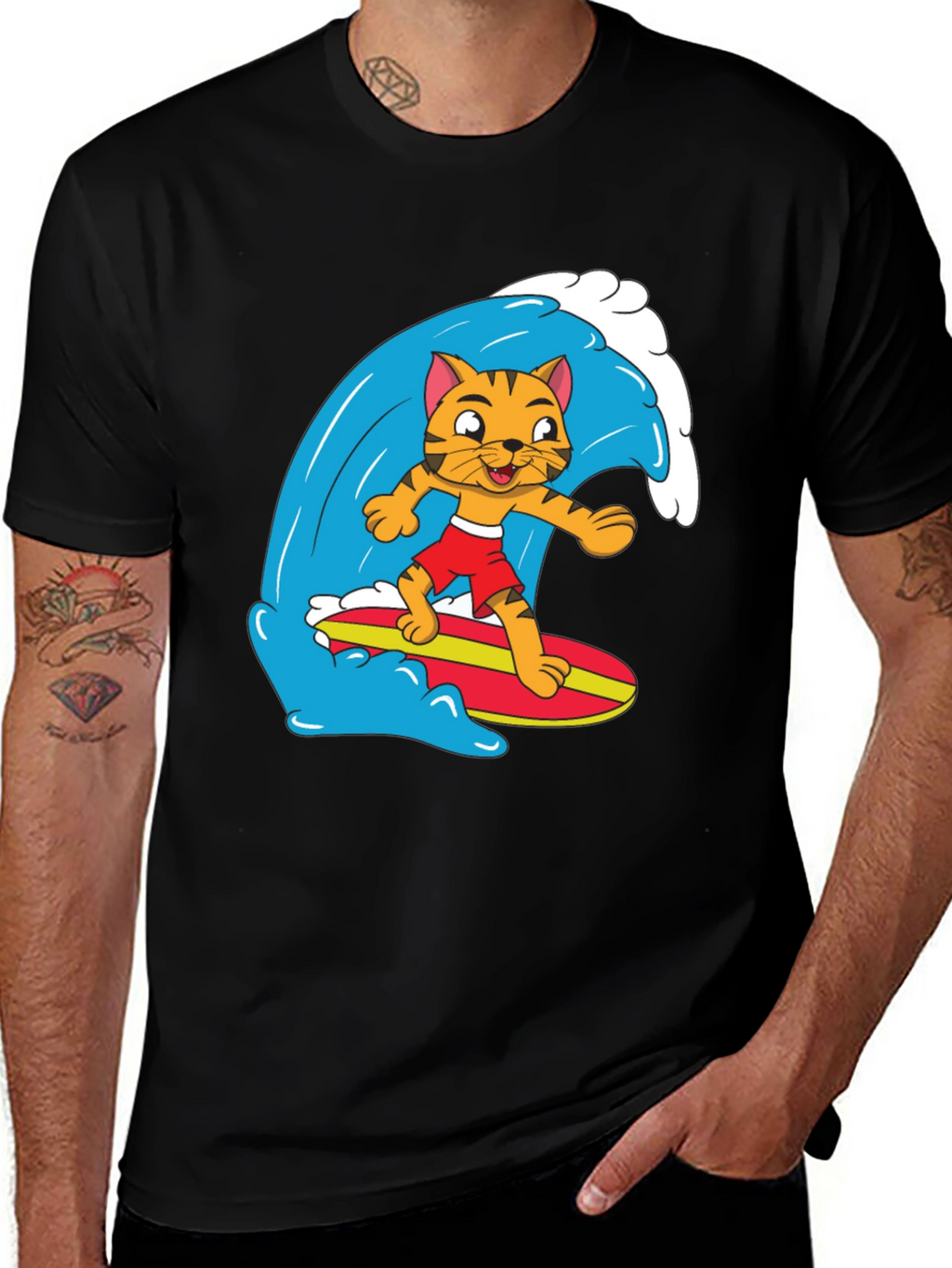 Cool Cat Surfing Graphic Tee - Black Cotton T-Shirt