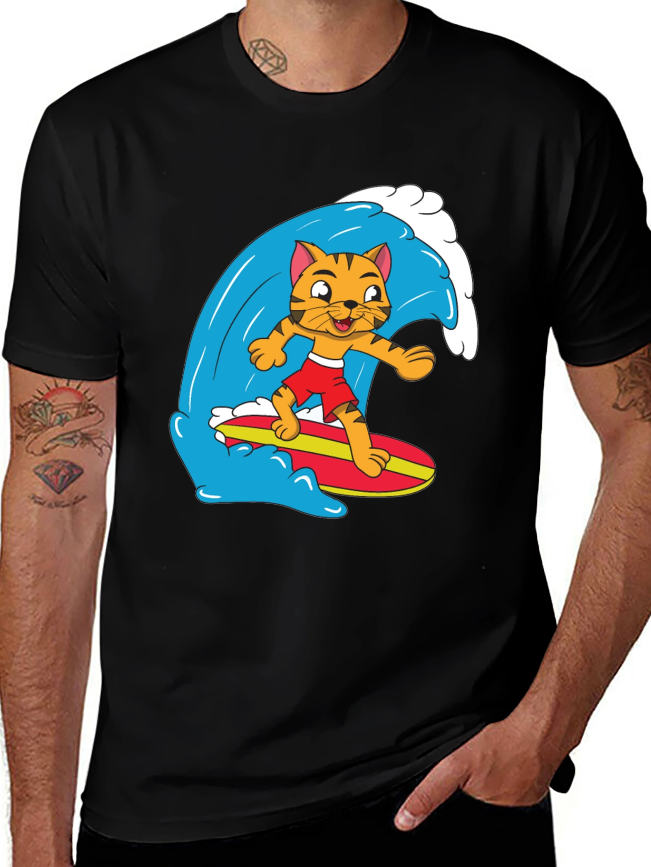 Cool Cat Surfing Graphic Tee - Black Cotton T-Shirt