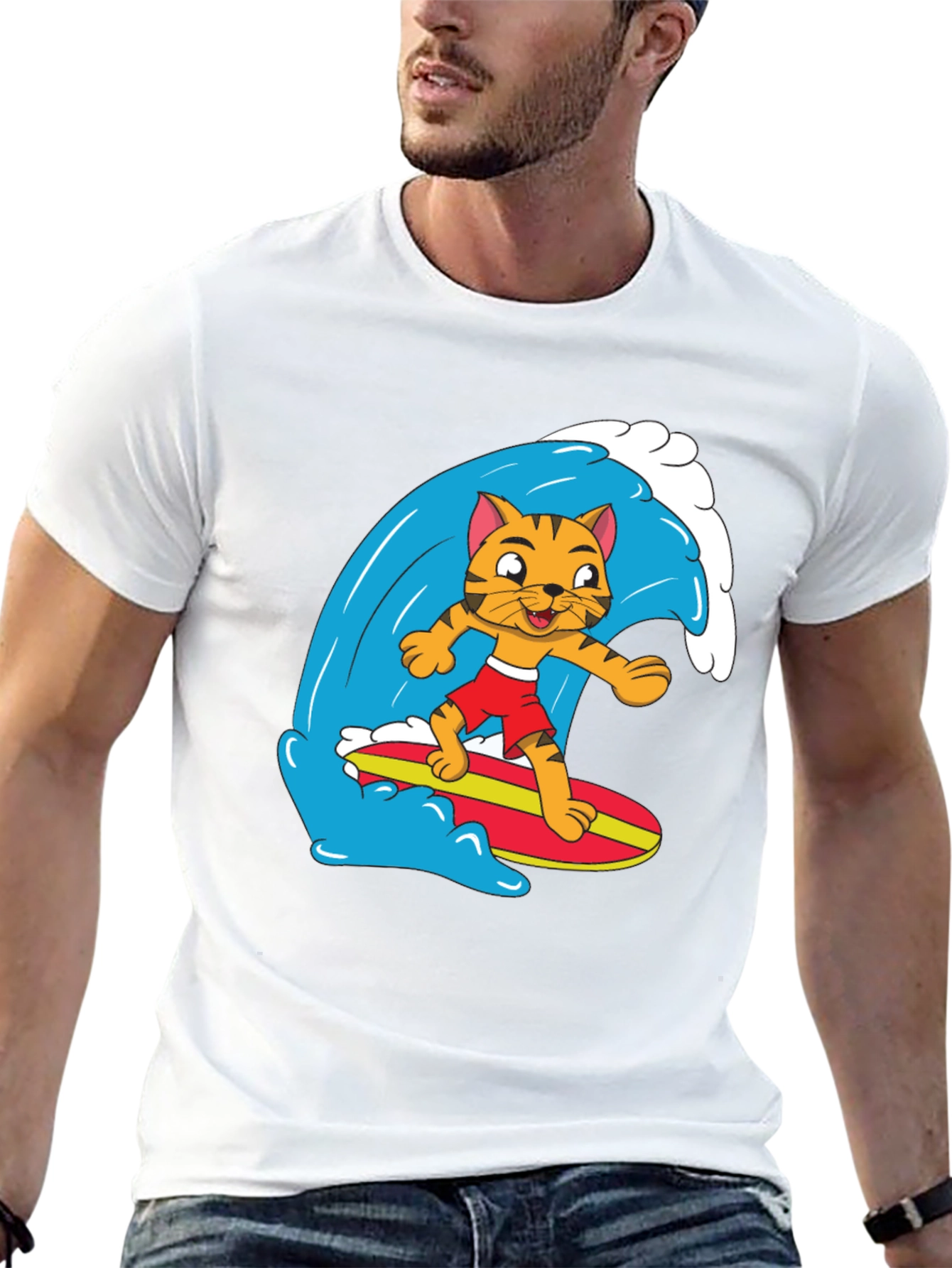 Cool Cat Surfing Graphic Tee - Black Cotton T-Shirt